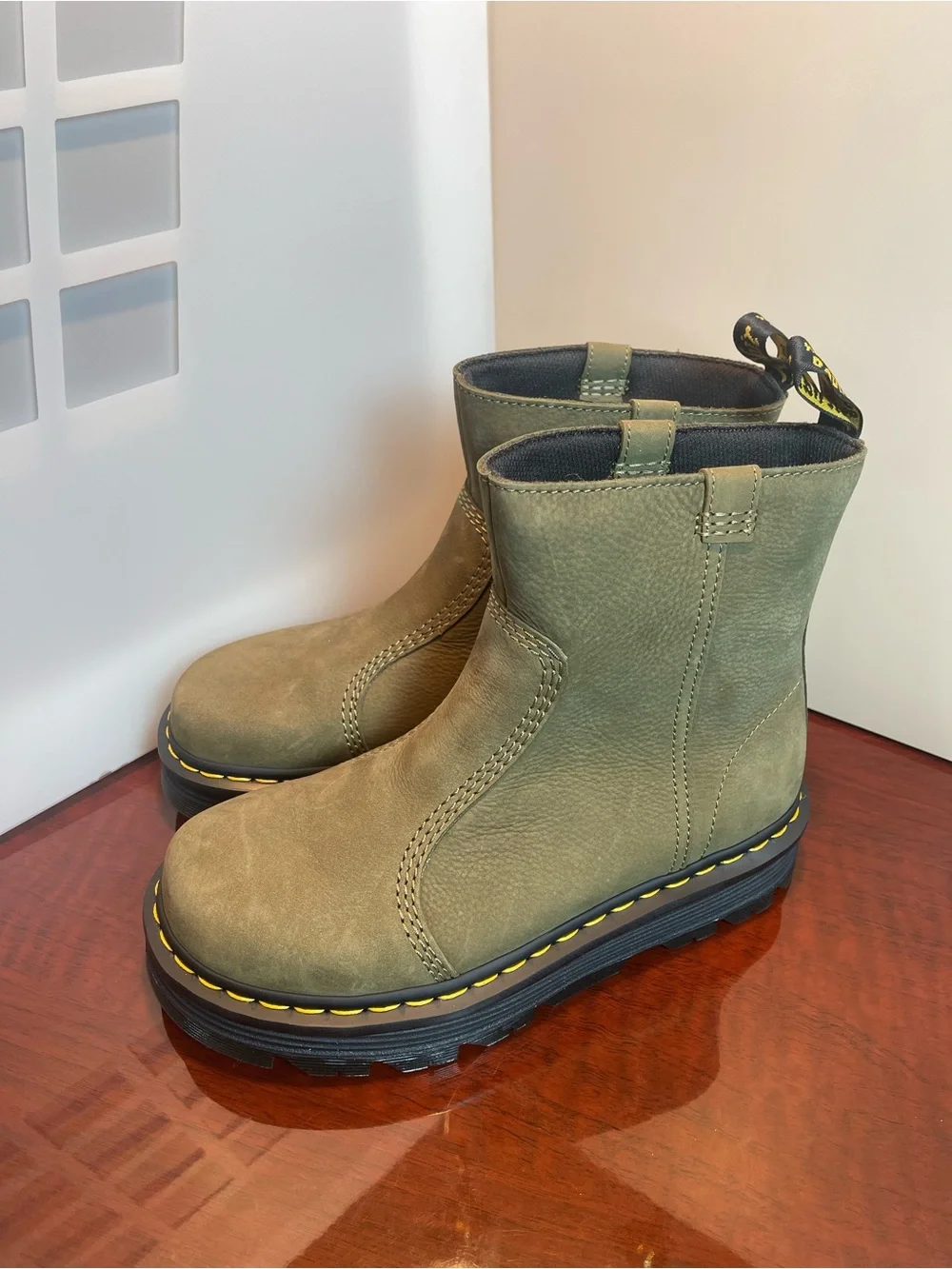 Dr. Martens Zebzag Rigger Slip-On Nubuck Platform Boots in DMS Olive US 9/ EU 41